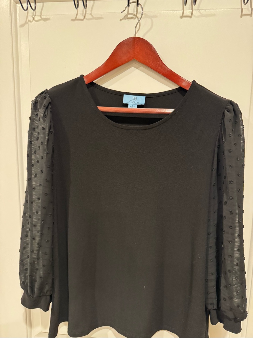 CeCe Black Sheer Puff-Sleeve Dot Blouse